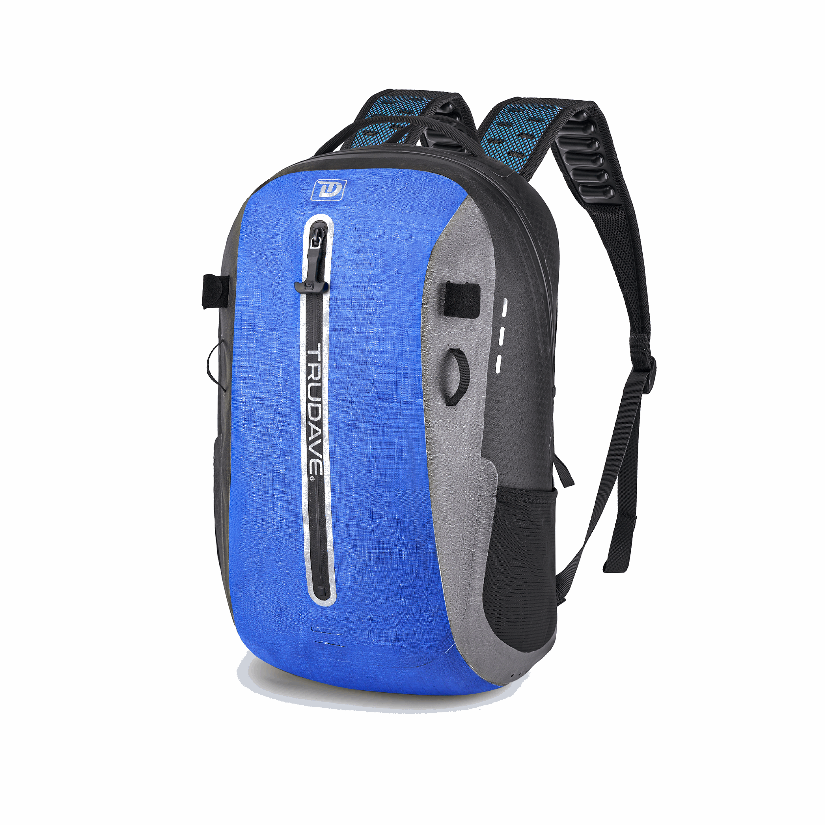 alt="Front view of Trudave FloatPack Series 30L waterproof fishing backpack in black and blue showing roll-top closure and front gear pocket for durable submersible performance and outdoor travel use"